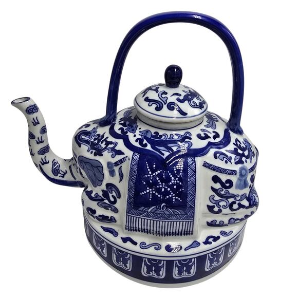 Vtg Bombay Dragon Porcelain Teapot Cobalt Blue White Chinoiserie Ceramic Pottery - Picture 1 of 10